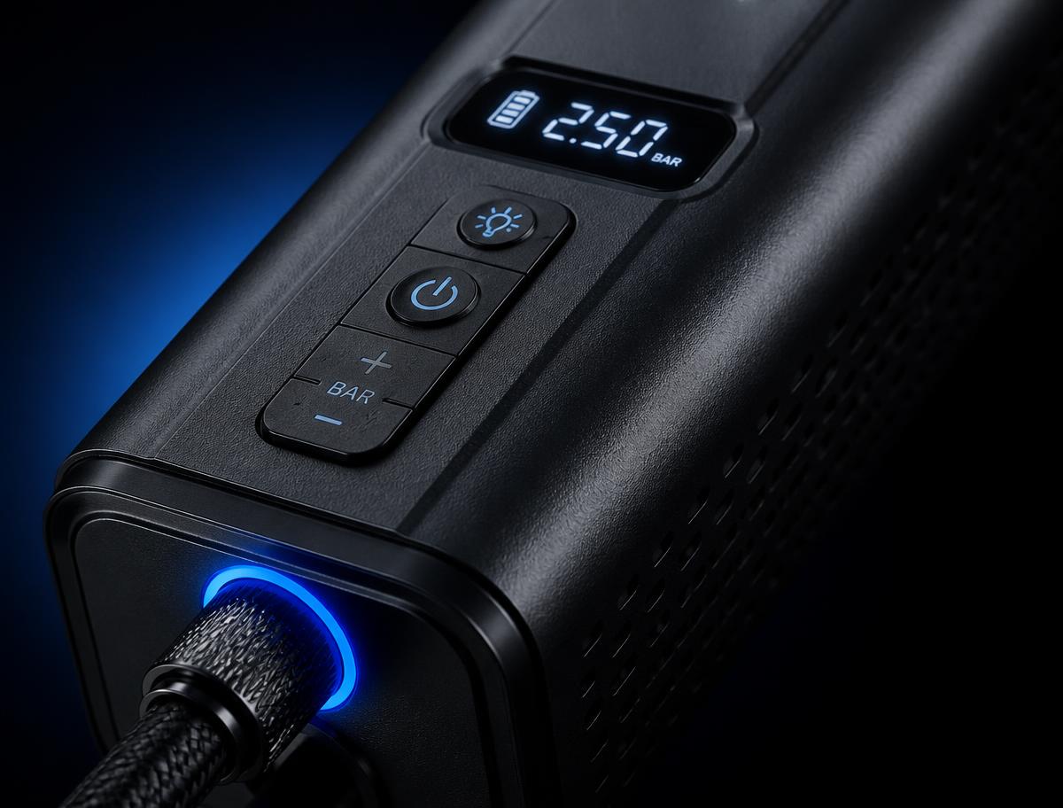 Detalhe do acabamento, botões e conexão do AIRVOLT PRO