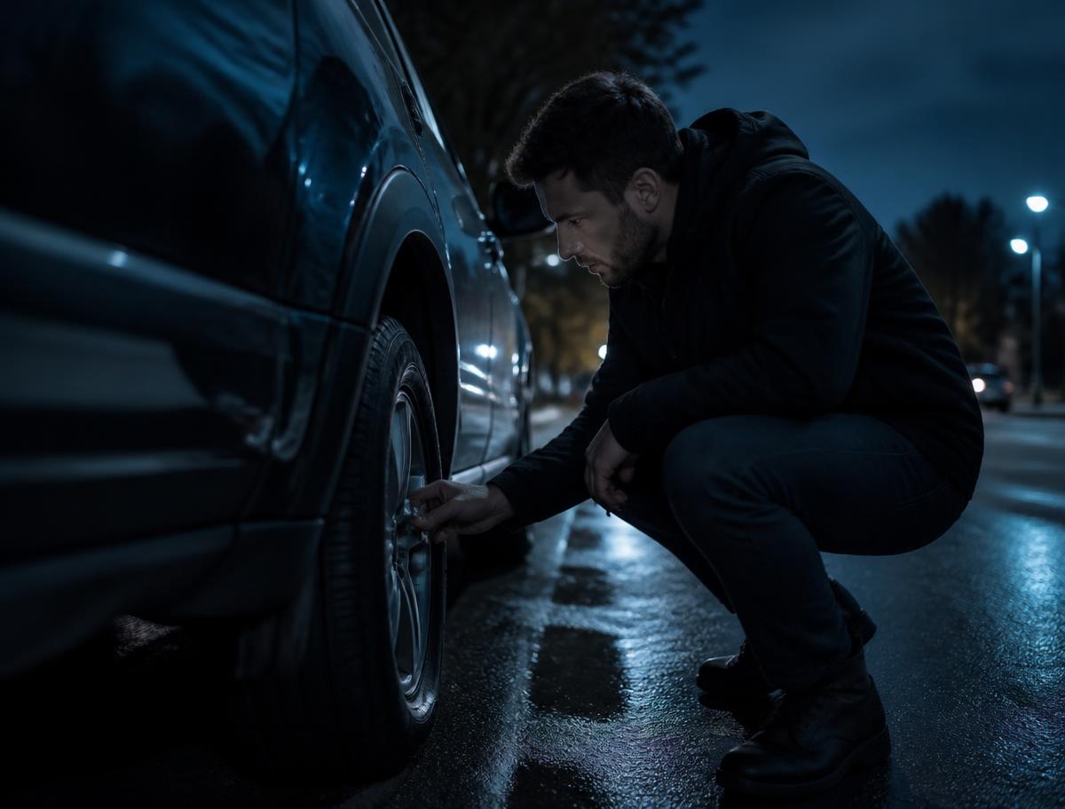 Motorista verificando o pneu do carro à noite